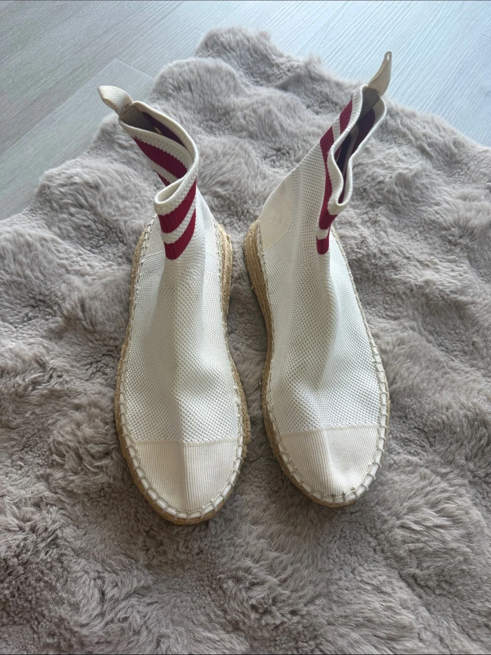 Alexander Wang Cream Canvas Espadrille Ankle Boots with Red Trim